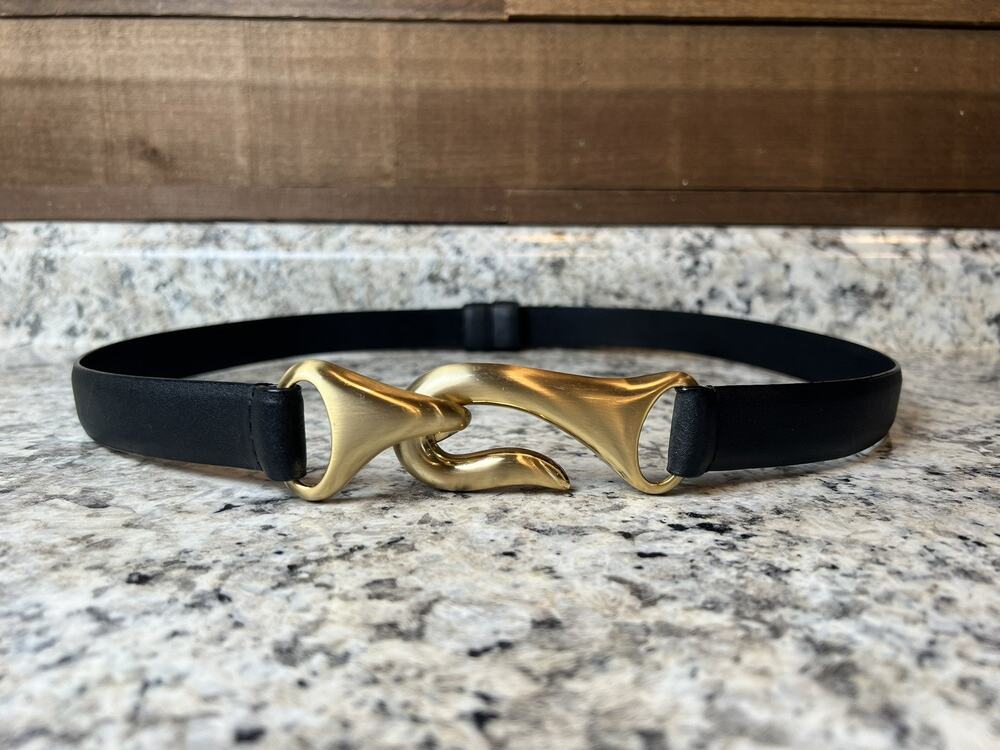Chico's Black Leather Belt Artisan Gold Tone Hook Buckle S/M Adjustable